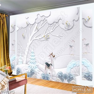 PSD tranh phào chỉ nghệ thuật chú hươu trắng bên đàn chim