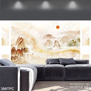 Tranh phào chỉ 5d mặt trời đỏ trên những ngọn núi mờ sương