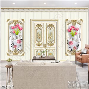 Tranh phào chỉ 5d những bình tulip trên bức tường vàng cổ điển