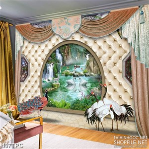 Tranh phào chỉ rèm màn psd hồ thiên nga bên thác nước nhỏ