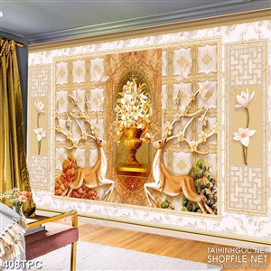 PSD tranh phào chỉ nghệ thuật đôi hươu vàng bên bình hoa ly