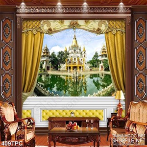 Tranh phào chỉ 5d tòa lâu đài dáp vàng bên hồ nước tĩnh lặng