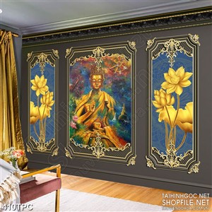 Tranh rèm màn decor trang trí Phật Di Lặc tọa lạc bên hoa sen