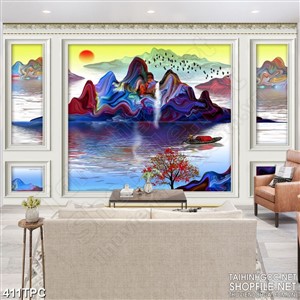 Tranh phào chỉ psd nghệ thuật ngọn núi đá giữa sông tĩnh lặng