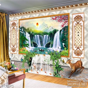 PSD tranh phào chỉ nghệ thuật mặt trời đỏ bên thác nước cao