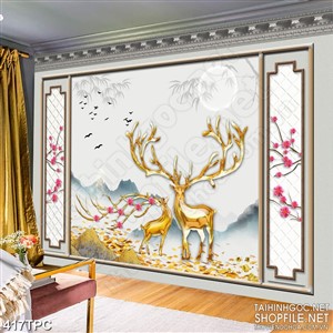 Tranh phào chỉ rèm màn psd đôi hươu vàng giữa rừng đào nở rộ