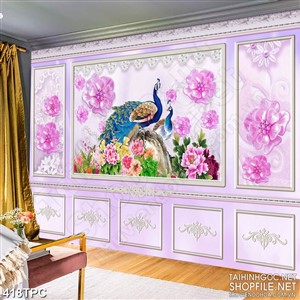 PSD tranh phào chỉ nghệ thuật đôi chim công bên vườn mẫu đơn