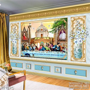 Tranh phào chỉ psd nghệ thuật đức cha bên nhà thờ cổ kính