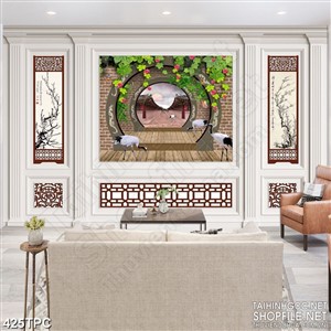 Tranh rèm màn decor trang trí hoa dây leo tường bên đàn chim hạc