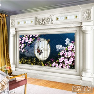 Tranh phào chỉ psd nghệ thuật đàn bướm xinh bên hoa anh đào