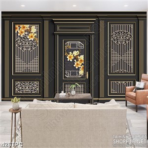 Tranh phào chỉ psd nghệ thuật những cành hoa vàng trên bức tường