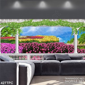 Tranh phào chỉ rèm màn psd khu vườn hoa tulip dưới trời xanh
