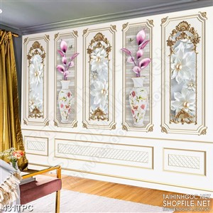 Tranh phào chỉ psd nghệ thuật những bình hoa tím in dán tường