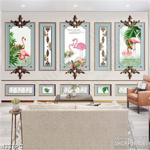 PSD tranh phào chỉ nghệ thuật đôi cò hồng bên vườn hoa mẫu đơn