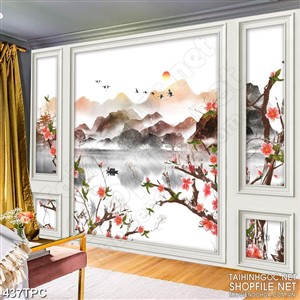 Tranh phào chỉ rèm màn psd ngọn núi phủ đầy sương trên sông