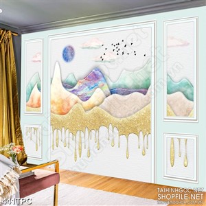 Tranh phào chỉ psd nghệ thuật vầng trăng tròn bên ngọn núi vàng