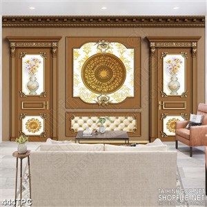 Tranh phào chỉ 5d họa tiết trống đồng đúc vàng trên bức tường