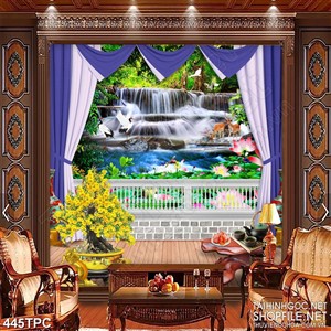 Tranh rèm màn decor trang trí hai chú hươu non bên thác nước