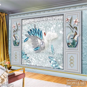 Tranh phào chỉ psd nghệ thuật chiếc lá đính ngọc bên thiên nga