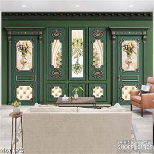 Tranh phào chỉ rèm màn psd chim công xòe đuôi đính ngọc bích