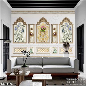 Tranh phào chỉ 5d đôi chim công đính ngọc trên tường cổ điển