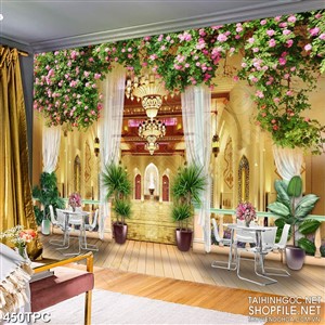 Tranh rèm màn decor trang trí dàn hoa leo khoe sắc trước hiên