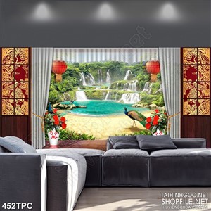 Tranh phào chỉ rèm màn psd chim công dạo bước bên thác nước