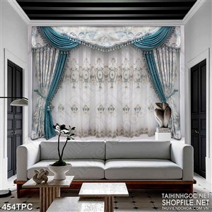 Tranh phào chỉ 5d tấm rèm họa tiết màu xanh dương sang trọng