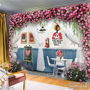 Tranh rèm màn decor trang trí chiếc bàn trắng dưới dàn hoa hồng