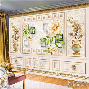 Tranh phào chỉ psd nghệ thuật những bình hoa giả ngọc in tường