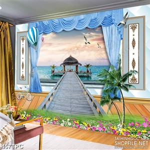 Tranh phào chỉ rèm màn psd chiếc cầu nhỏ hướng ra biển chiều tà
