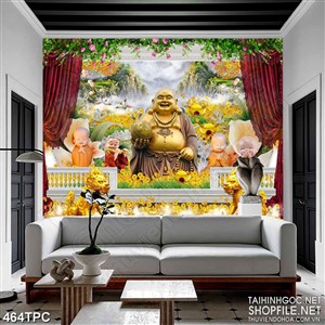 Tranh phào chỉ 5d Phật Di Lặc tọa lạc bên đôi kì lân dáp vàng