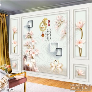 Tranh rèm màn decor trang trí đôi thiên nga trên mặt hồ tĩnh lặng