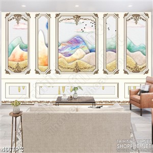 Tranh phào chỉ psd nghệ thuật những ngọn núi dáp vàng mây phủ