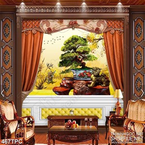 Tranh phào chỉ rèm màn psd chậu bonsai bên kì lân đúc đồng