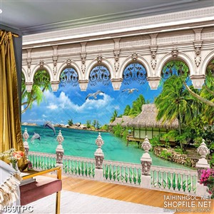 Tranh phào chỉ 5d những hàng dừa xanh bên đàn hải âu tung cánh