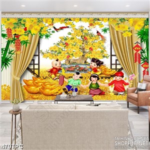 Tranh rèm màn decor trang trí các tiểu linh đồng bên chậu mai