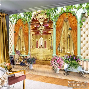 Tranh phào chỉ rèm màn psd dàn hoa leo trước sảnh sang trọng