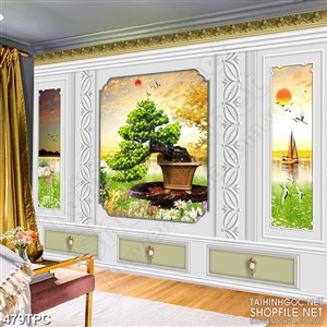 Tranh phào chỉ 5d chậu bonsai giữa cánh rừng phủ ánh hoàng hôn