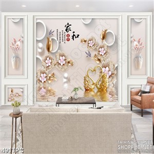 Tranh phào chỉ psd nghệ thuật đôi thiên nga đúc vàng trên mặt hồ