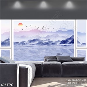 Tranh rèm màn decor trang trí người lái đò trên sông đầy sương