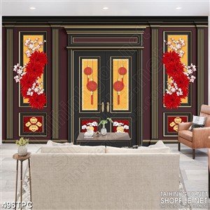 Tranh phào chỉ psd nghệ thuật những đóa hoa đỏ rực trên tường