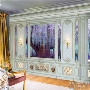 Tranh phào chỉ rèm màn psd gốc cây cổ thụ rổ đầy hoa trong đêm