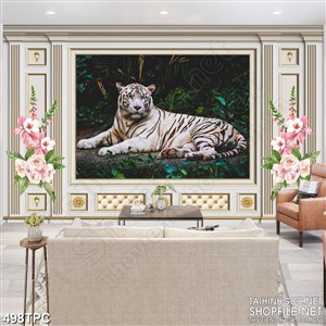 PSD tranh phào chỉ nghệ thuật bạch hổ trong rừng sâu về đêm