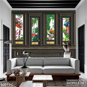 Tranh rèm màn decor trang trí chú chim bên rừng hoa mẫu đơn