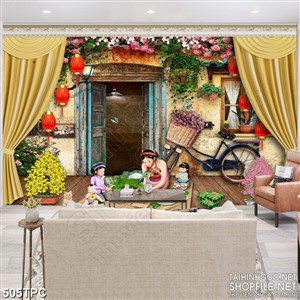 Tranh rèm màn decor trang trí bé và mẹ gói bánh chưng đón tết