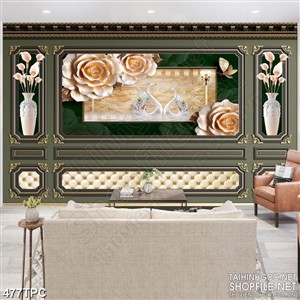 Tranh phào chỉ rèm màn psd bông hồng nở rộ bên hồ thiên nga