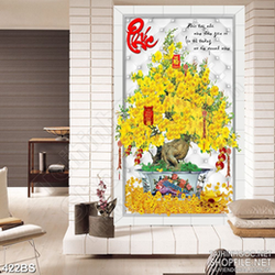 Tranh bonsai 3d chậu hoa mai vàng  nở rộ chúc tết dán tường