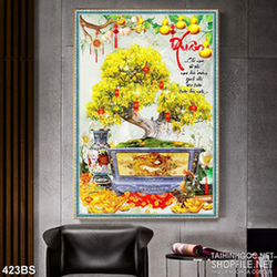 Tranh bonsai in uv dán tườngchậu mai vàng bên chữ thư pháp xuân