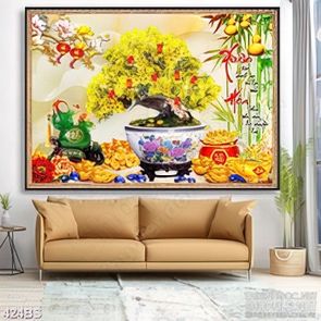 Tranh chậu bonsai dán tường mai vàng bên kim tiền trang trí in 5d